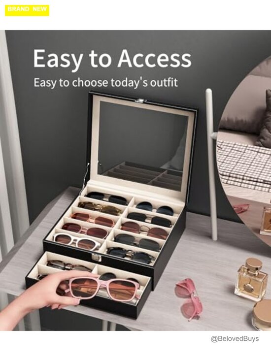 20 Slot Sunglass Organizer with UV-Blocking Lid, PU Leather & Velvet